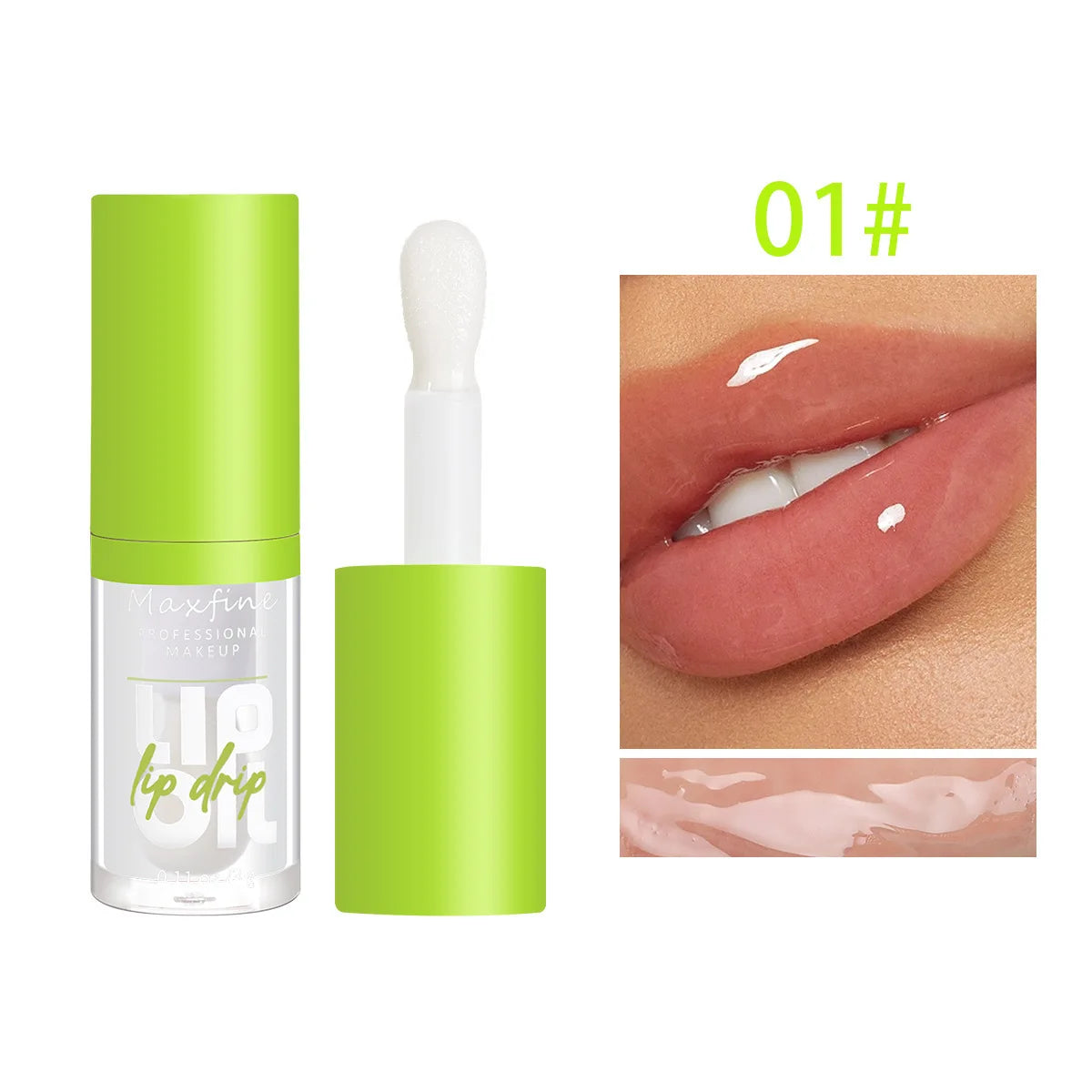Maxfine high-shine waterproof lip gloss in 01#, a hydrating, smudge-proof clear gloss for a glossy, plump finish.