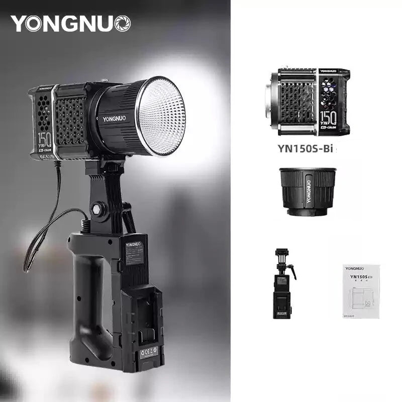 YN150S-Bi portable LED studio light with handle, reflector, and mounting bracket for handheld photography lighting.