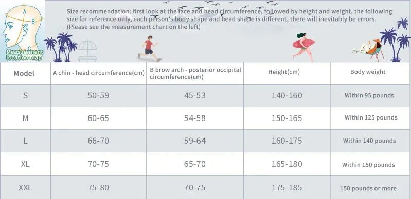 Size chart for V-line face slimming bandage, featuring head measurement guide and sizing options from S to XXL.