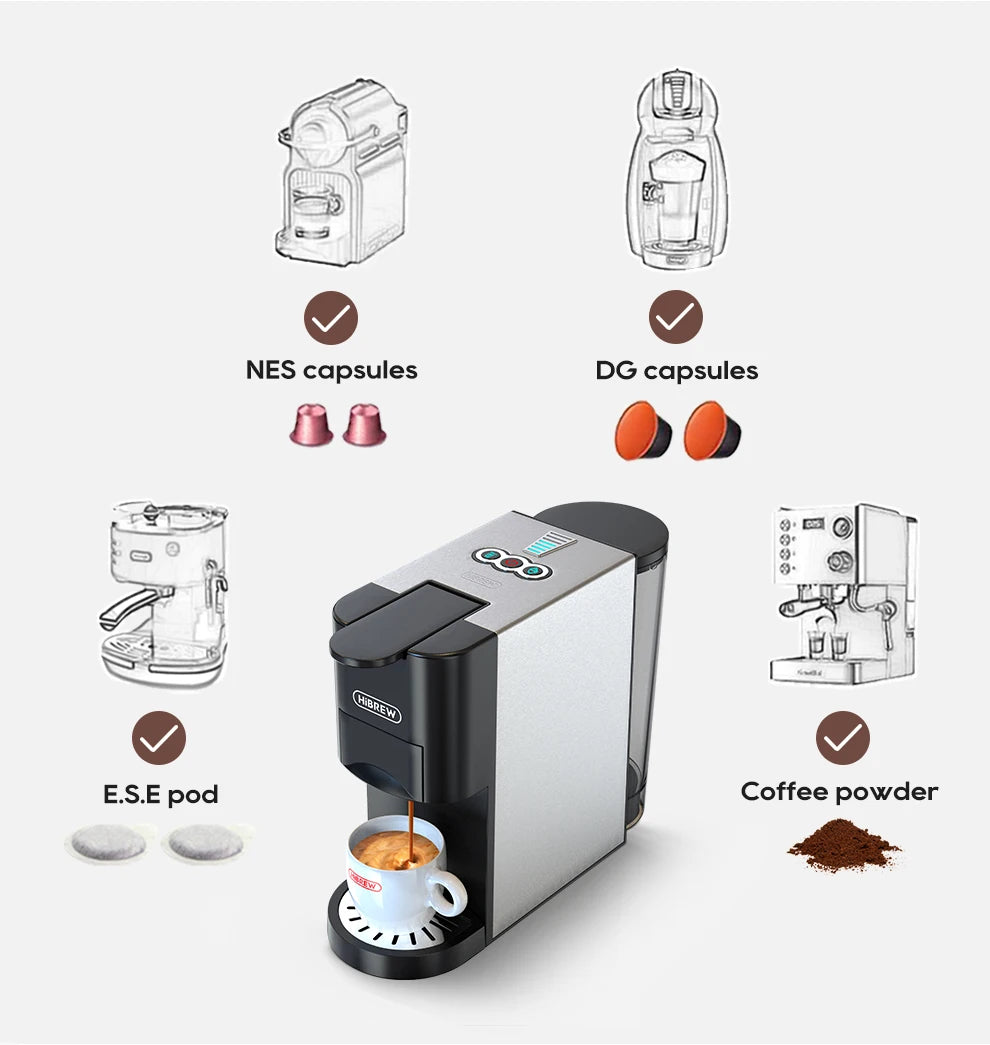 HiBREW multi-capsule coffee maker, silver and black, compatible with Nespresso, Dolce Gusto, E.S.E pods, and grounds.