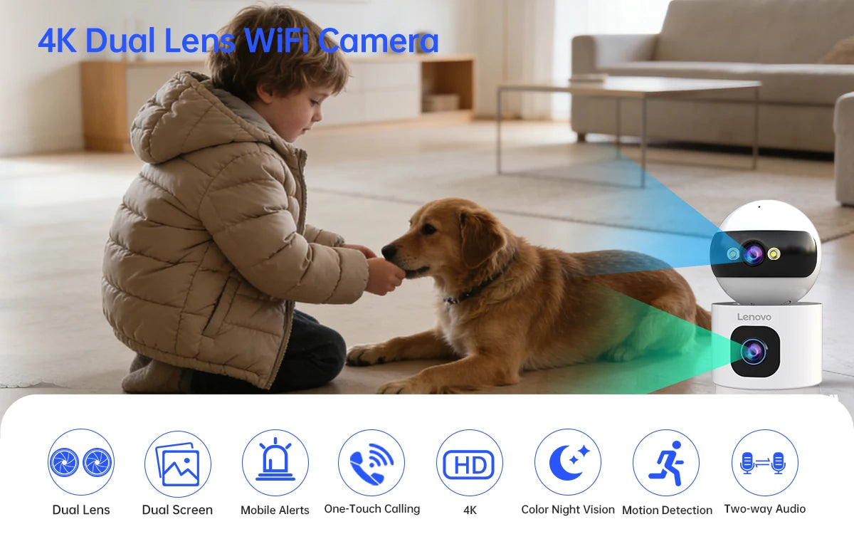 Lenovo 4K PTZ WiFi Camera Dual Lens Home Indoor CCTV Surveillance Camera Auto Tracking Security Protection Smart Baby Monitor