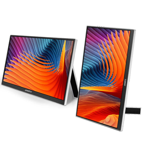 Portable wireless projection monitor with angled screens on fold-out stands, abstract colorful display
