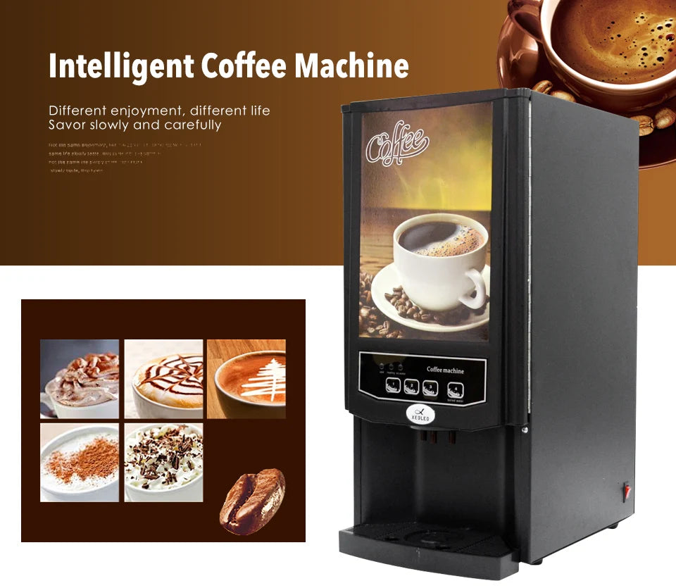 Xeoled black commercial intelligent coffee machine with push-button interface and coffee beverage menu display.