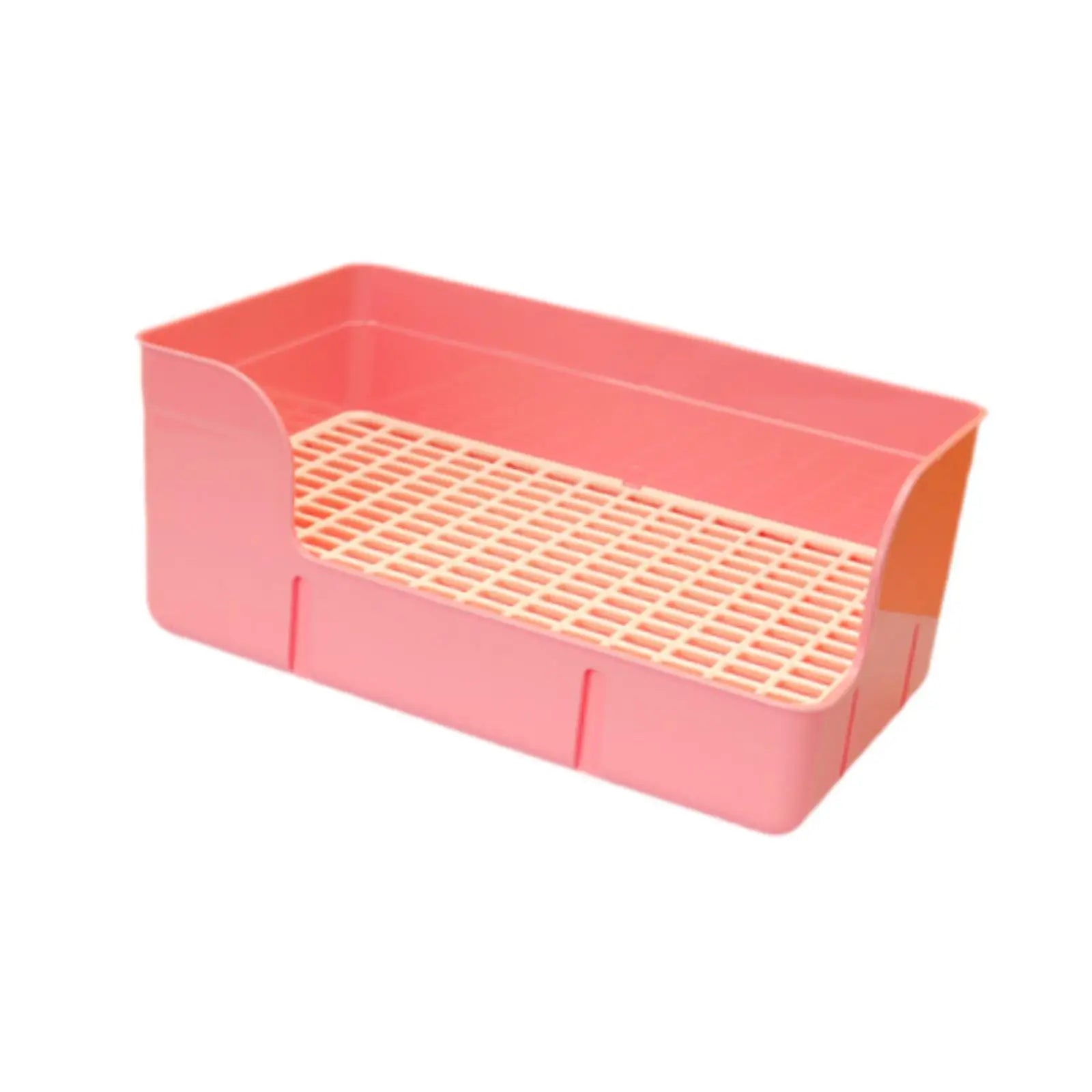 Pink plastic rabbit litter box with grid for easy cage cleaning, ideal for hamsters, ferrets, and small pets.