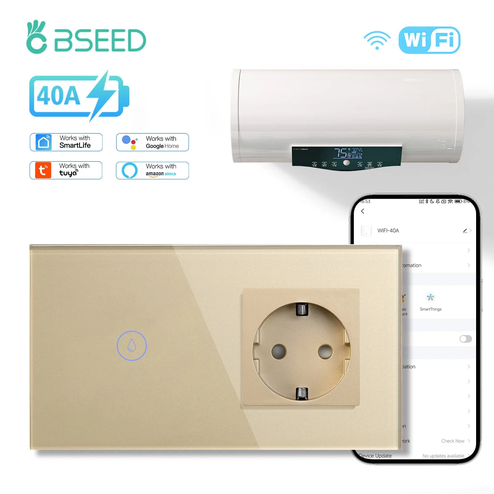 BSEED Wifi Smart Water Heater Switches Touch Boiler Switches 40A Plus EU Waterproof Socket For Kitchen Batroom Tuya Smart Life