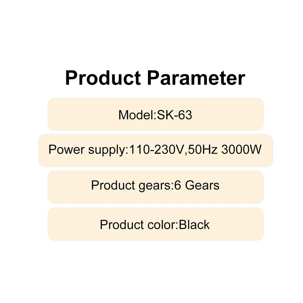 Black 3000W professional hair dryer specifications: 6-speed settings, SK-63 industrial-grade styling tool parameters.