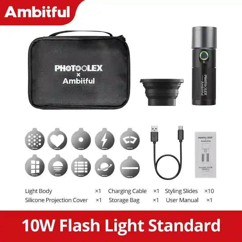 10W LED projection flashlight kit with storage bag, silicone cover, USB-C cable, and ten patterned styling slides.