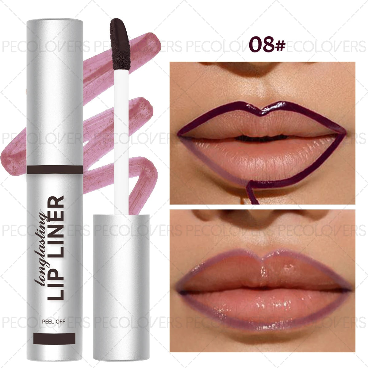 Peel-off matte lip liner in dark shade 08. Waterproof, long-lasting liquid lip liner for defined, hydrated lips.