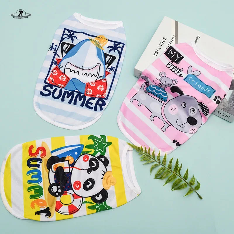 Cute cartoon summer vest shirts for small dogs and cats. Breathable striped tank tops for stylish pets.