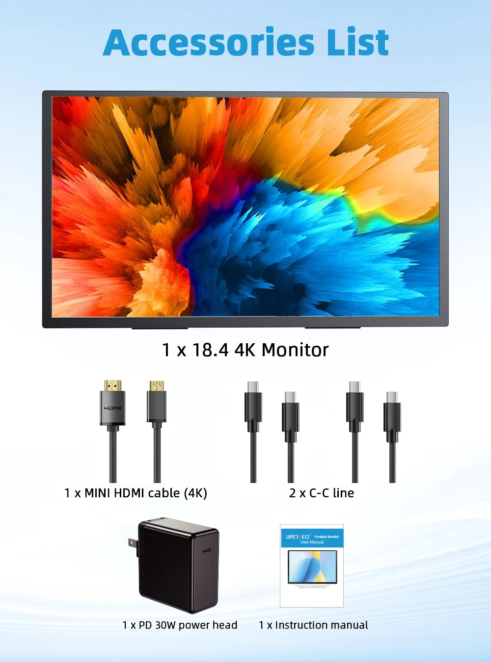 UPERFECT 18.4'' 4K Portable Monitor QLED 100% DCI-P3 UHD FreeSync HDR 2 Speakers Eye Care Travel Gaming Display For PC Phone