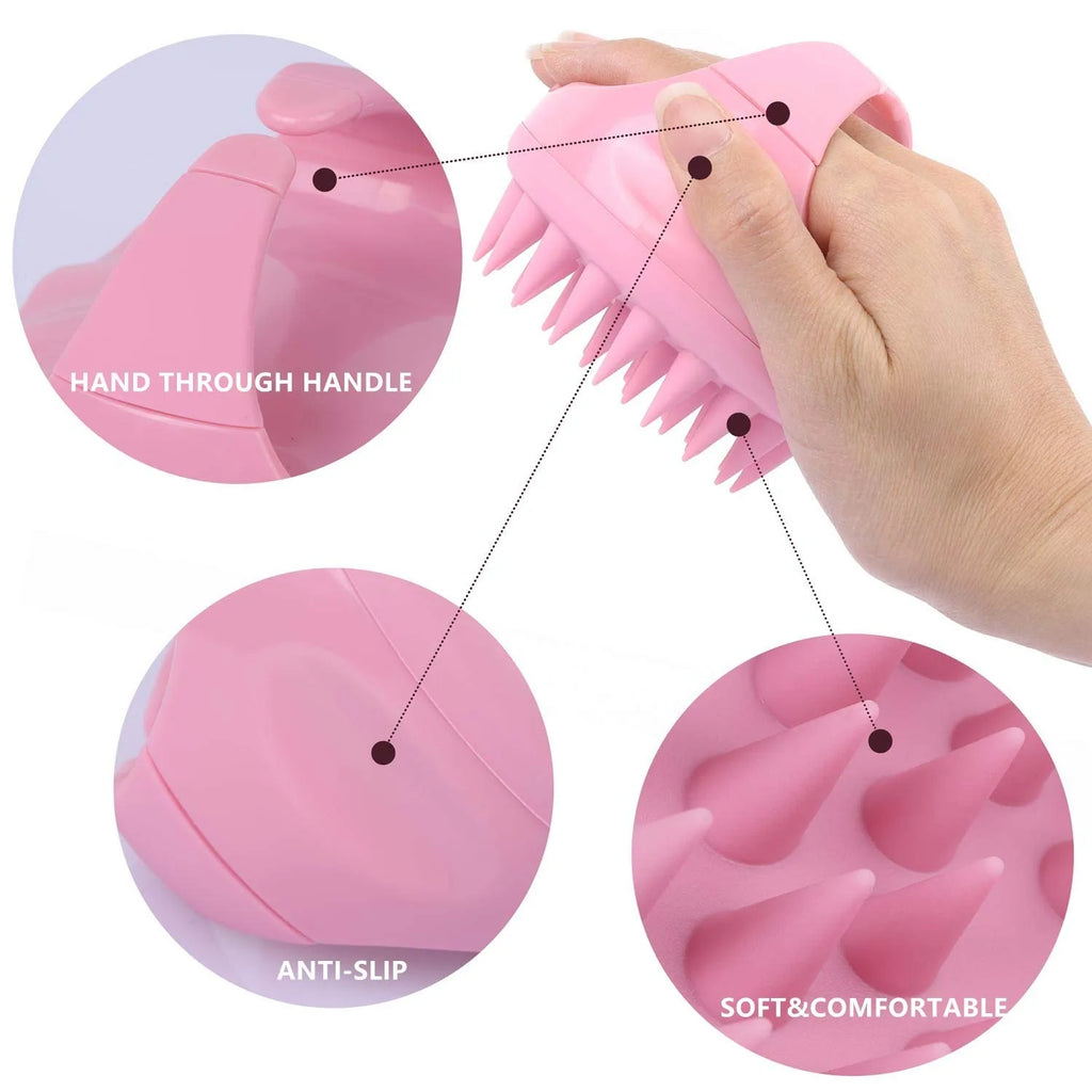 Pink silicone scalp massager brush with a hand-held handle and soft, flexible bristles, shown from multiple angles.