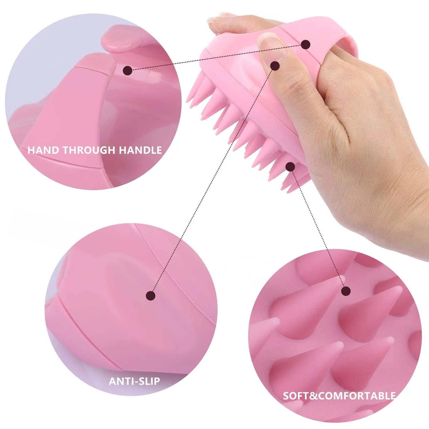 Pink silicone scalp massager brush with a hand-held handle and soft, flexible bristles, shown from multiple angles.