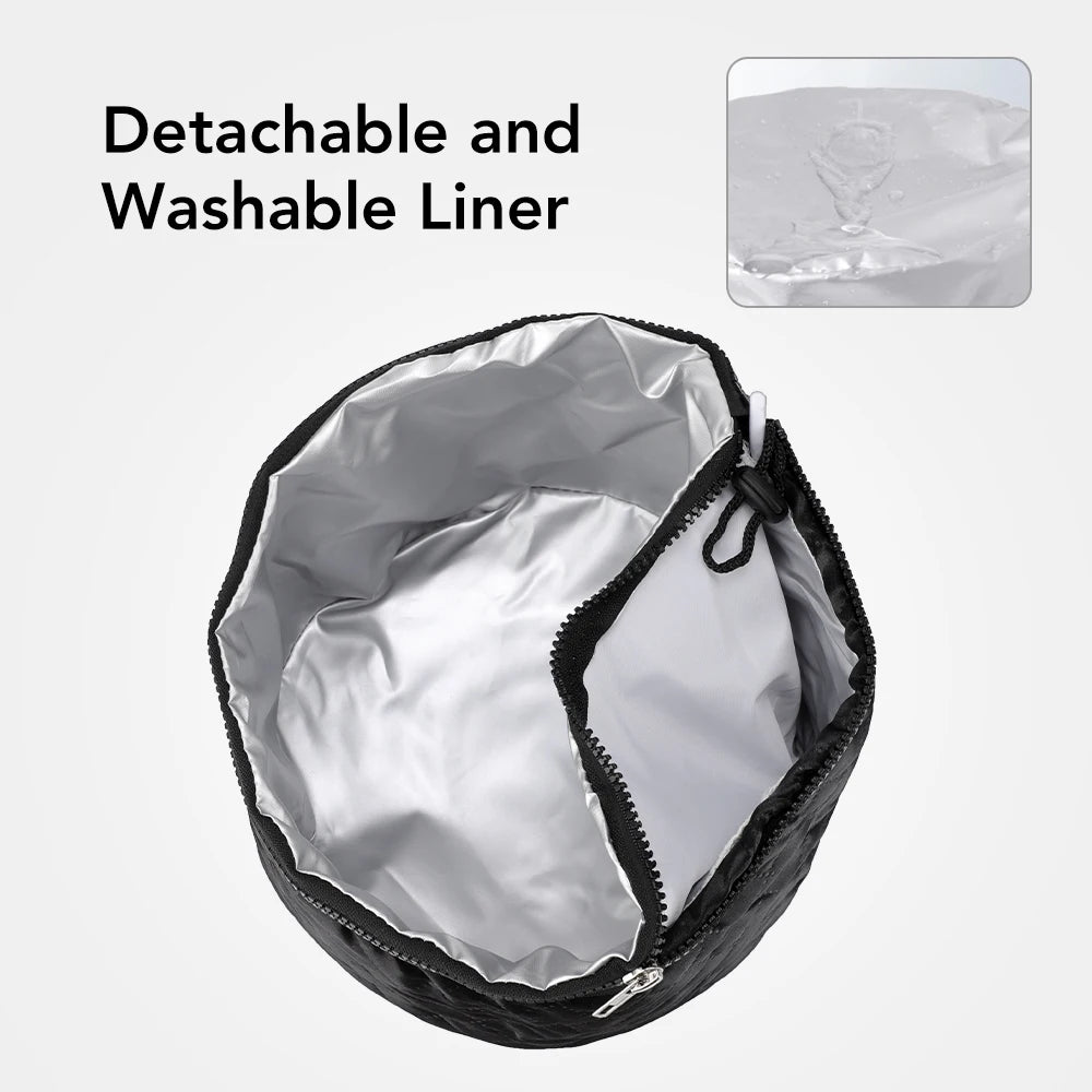 Black quilted PU leather hair steamer cap with a detachable, waterproof, and washable silver interior liner.