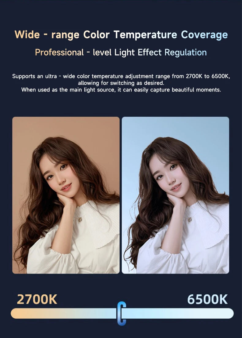 Adjustable LED photography light with a 2700K to 6500K color temperature range for portrait lighting.