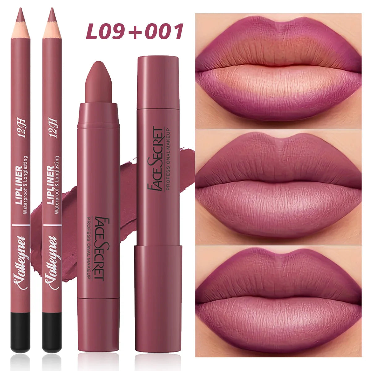 Matte velvet lip liner and lipstick combo set in mauve rose, featuring long-lasting waterproof lip makeup application.