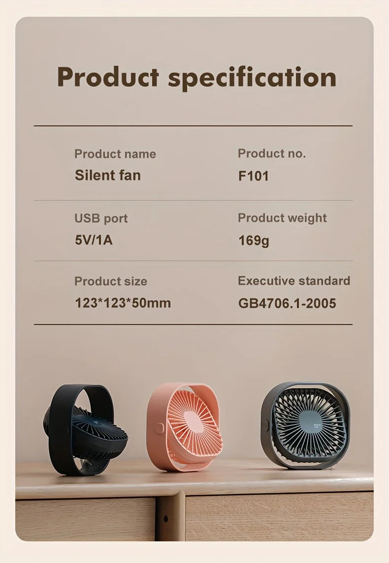 New Ultra-quiet Desk Fan, Suitable for Bedroom, Office, Library, Three Wind Speeds, 360° Rotation, Low Noise, Portable Mini Fan