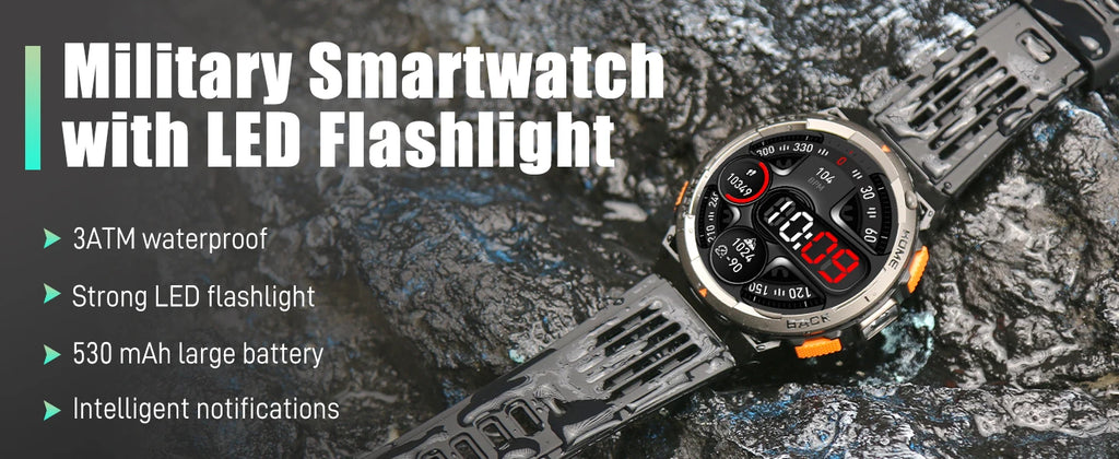 EIGIIS KE5 3ATM Waterproof Smart Watch for Men with LED Flashlight 1.45'' HD Rugged Smartwatch with 530mAh Big Battery