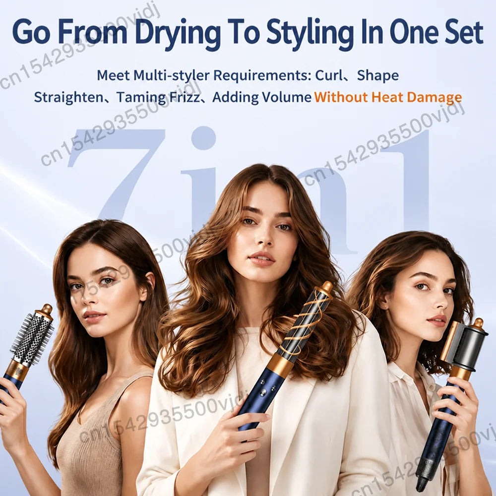 7-in-1 high-speed hair dryer set in navy and gold with styling attachments for curling, drying, and volumizing.