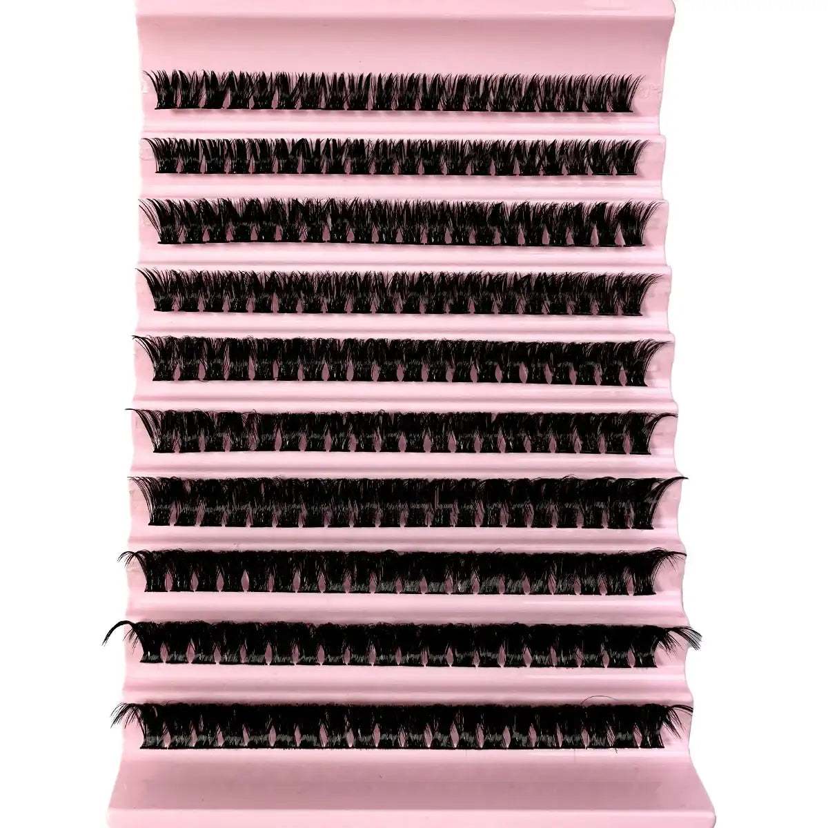 Ten rows of black individual eyelash extension clusters arranged on a pink plastic tray for professional application.
