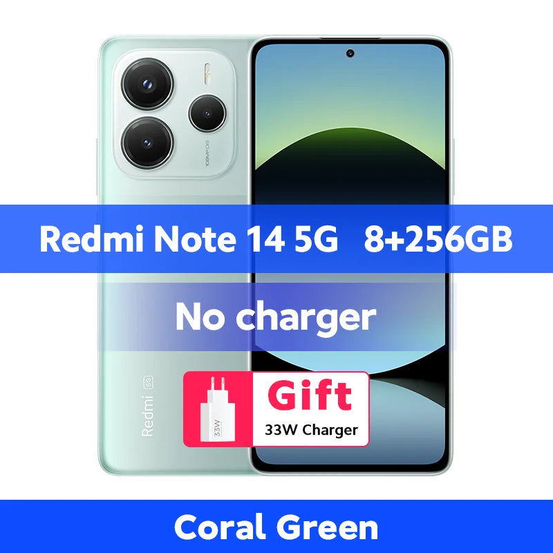 Xiaomi Redmi Note 14 5G Coral Green, 256GB storage, 108MP triple camera, front and back view, includes 33W charger gift.