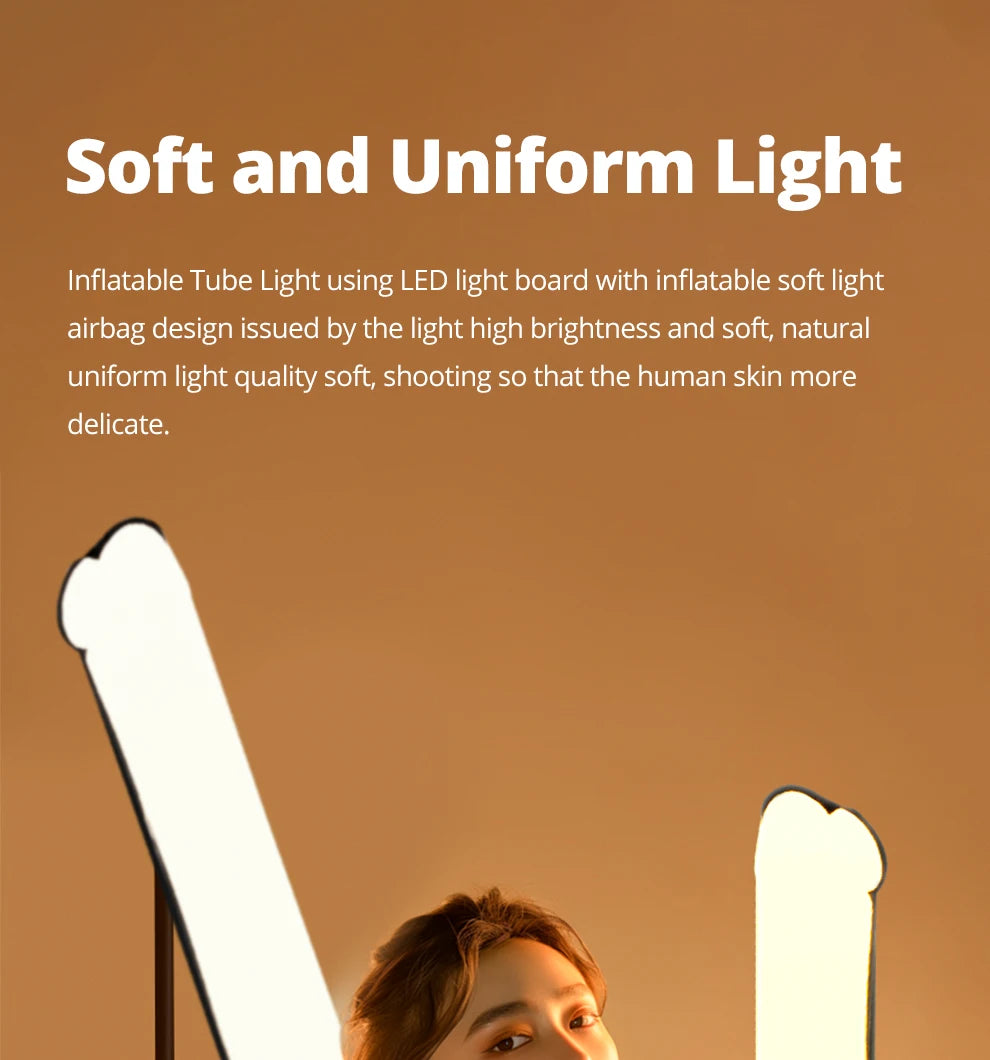 Inflatable LED tube light for photography, featuring a soft, glowing, rectangular white panel for portrait lighting.
