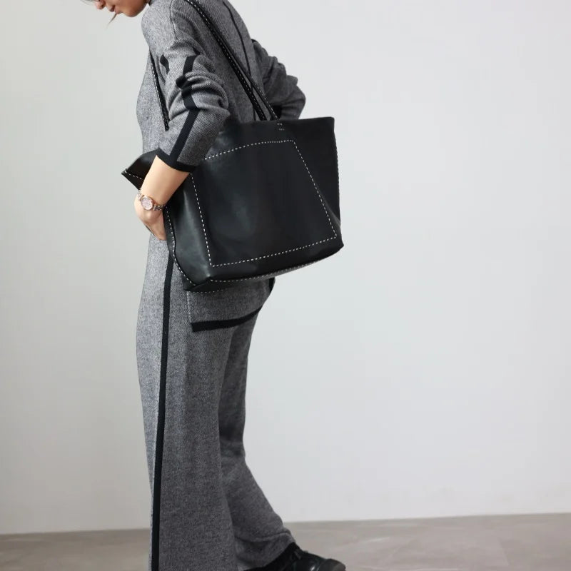 Women Large Capacity Genuine Leather Tote Soft Shoulder Bag