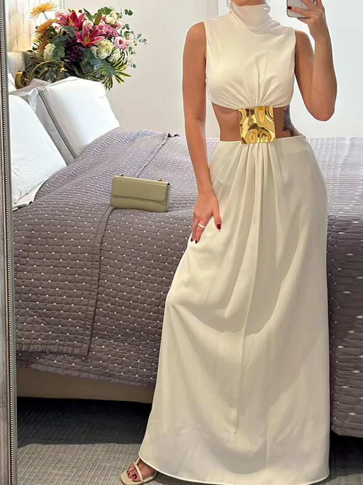 Solid Patchwork Hollow Out Fashion Maxi Dress, Women Summer Sleeveless Simple Party Dress, 2025 New Turtleneck Sexy Ladies Dress