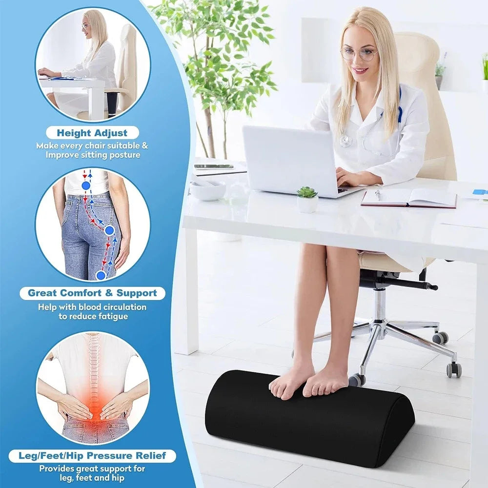 Ergonomic black memory foam under desk foot rest with non-slip base for improved posture, comfort, and leg relief.