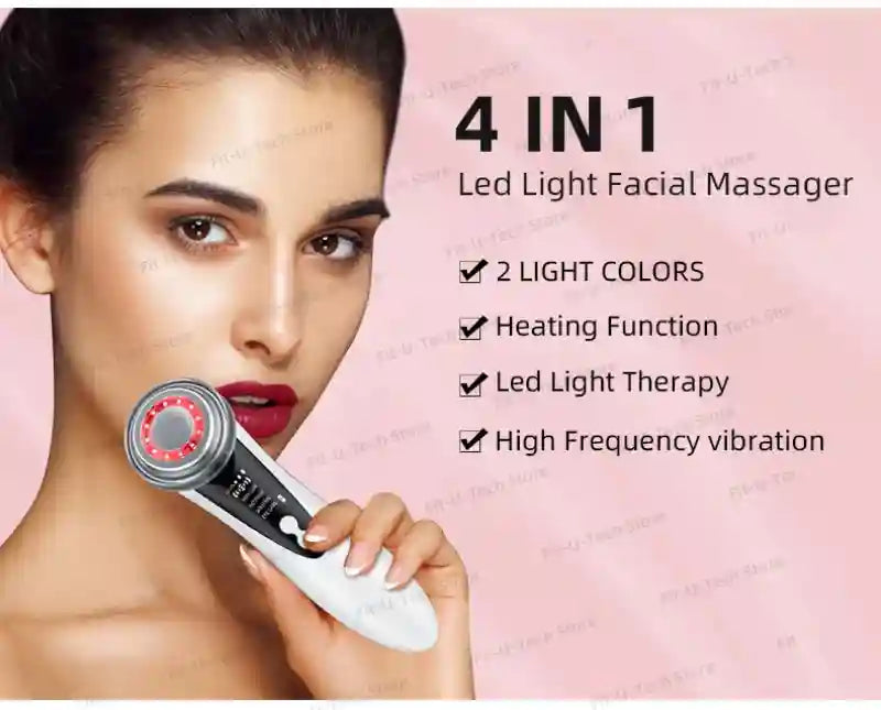 4-in-1 white handheld LED facial massager with a circular light therapy head for skin treatment and vibration.