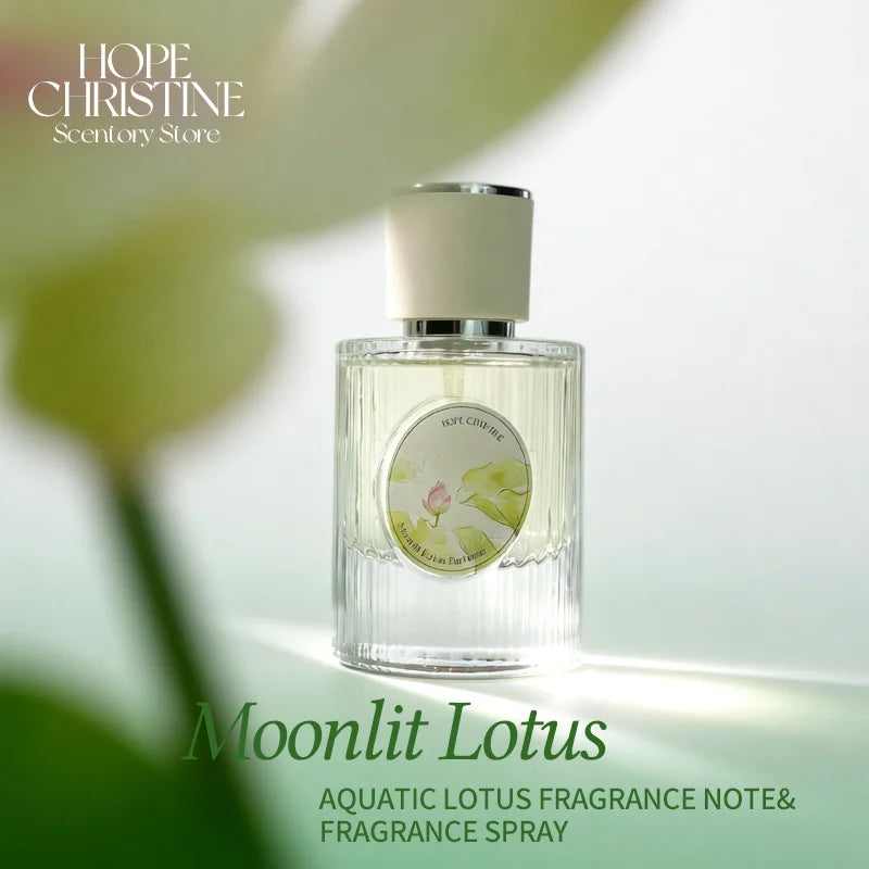 Hope Christine Moonlit Lotus floral woody perfume, round ribbed glass bottle with white cap, long-lasting ladies' scent.