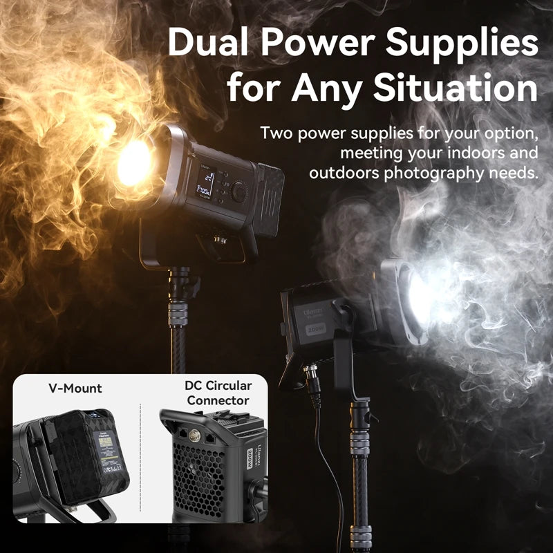 200W LED video lights on stands with V-mount and DC power options for indoor and outdoor photography.