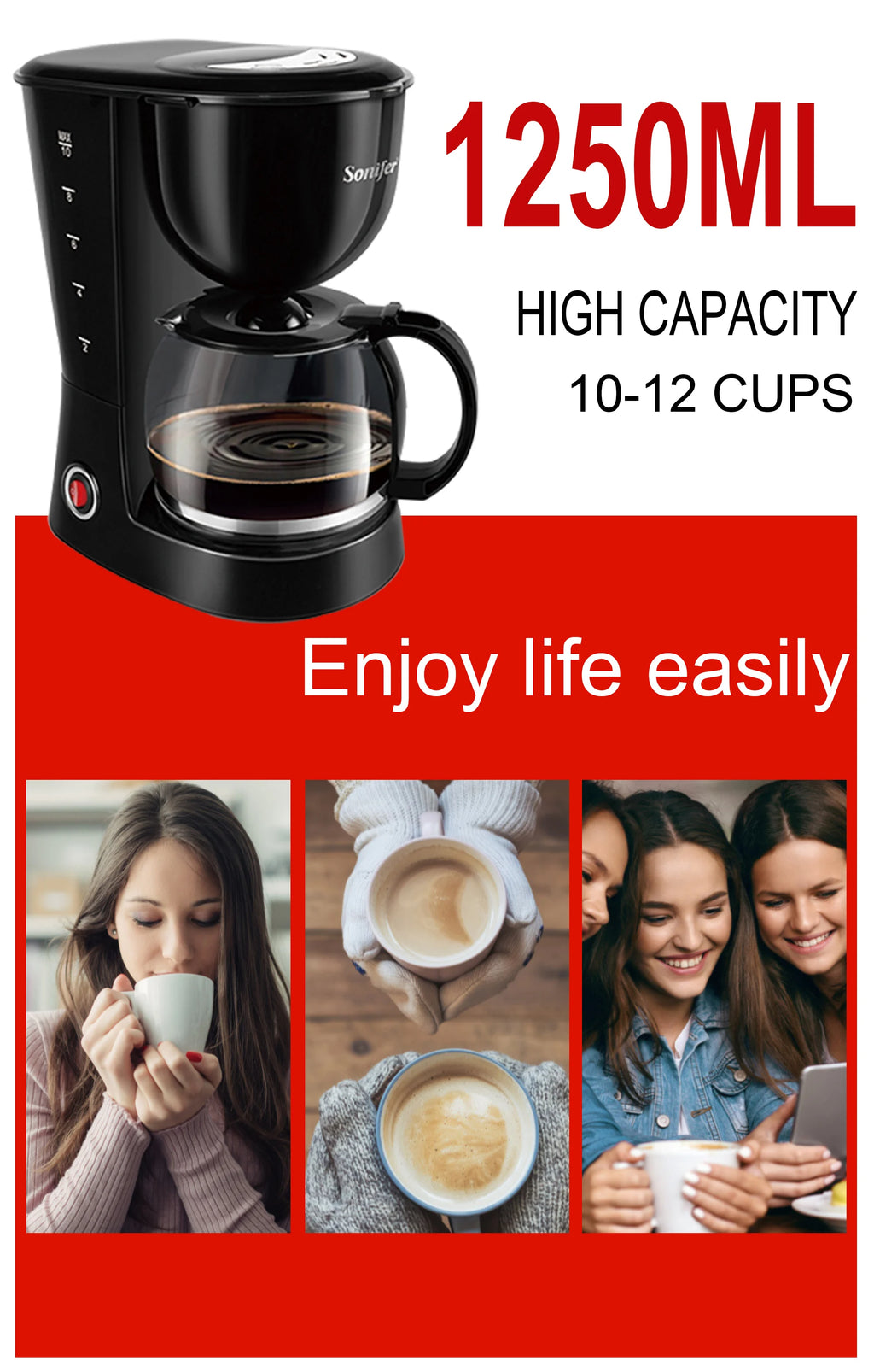 Sonifer 1250ml black drip coffee maker with glass carafe, 10-12 cup capacity for home use.
