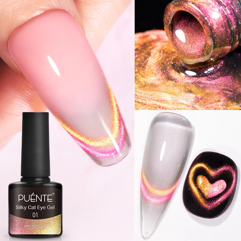 Silky Cat Eye Gel in a black bottle, displaying pink and gold magnetic nail polish effects on clear and black tips.