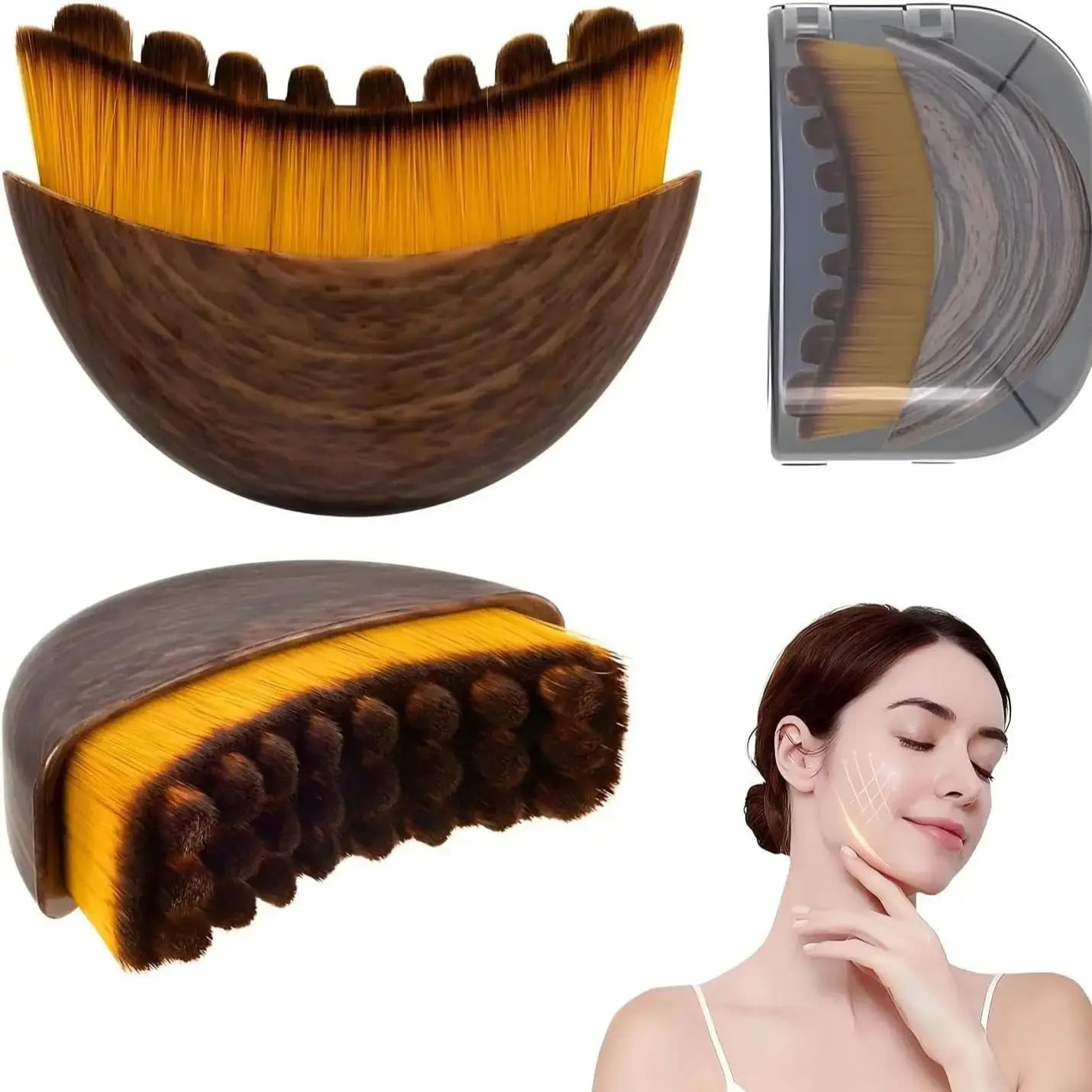 Crescent-shaped facial brush with soft yellow bristles and a brown wood-grain base, shown with a clear protective cover.