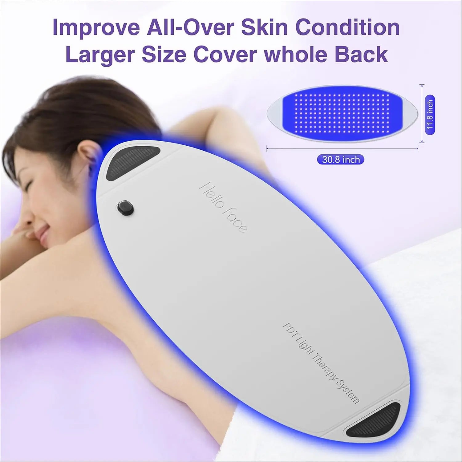 Oval white Hello Face LED therapy mat for the back, showing a dimension diagram and a woman using the device.