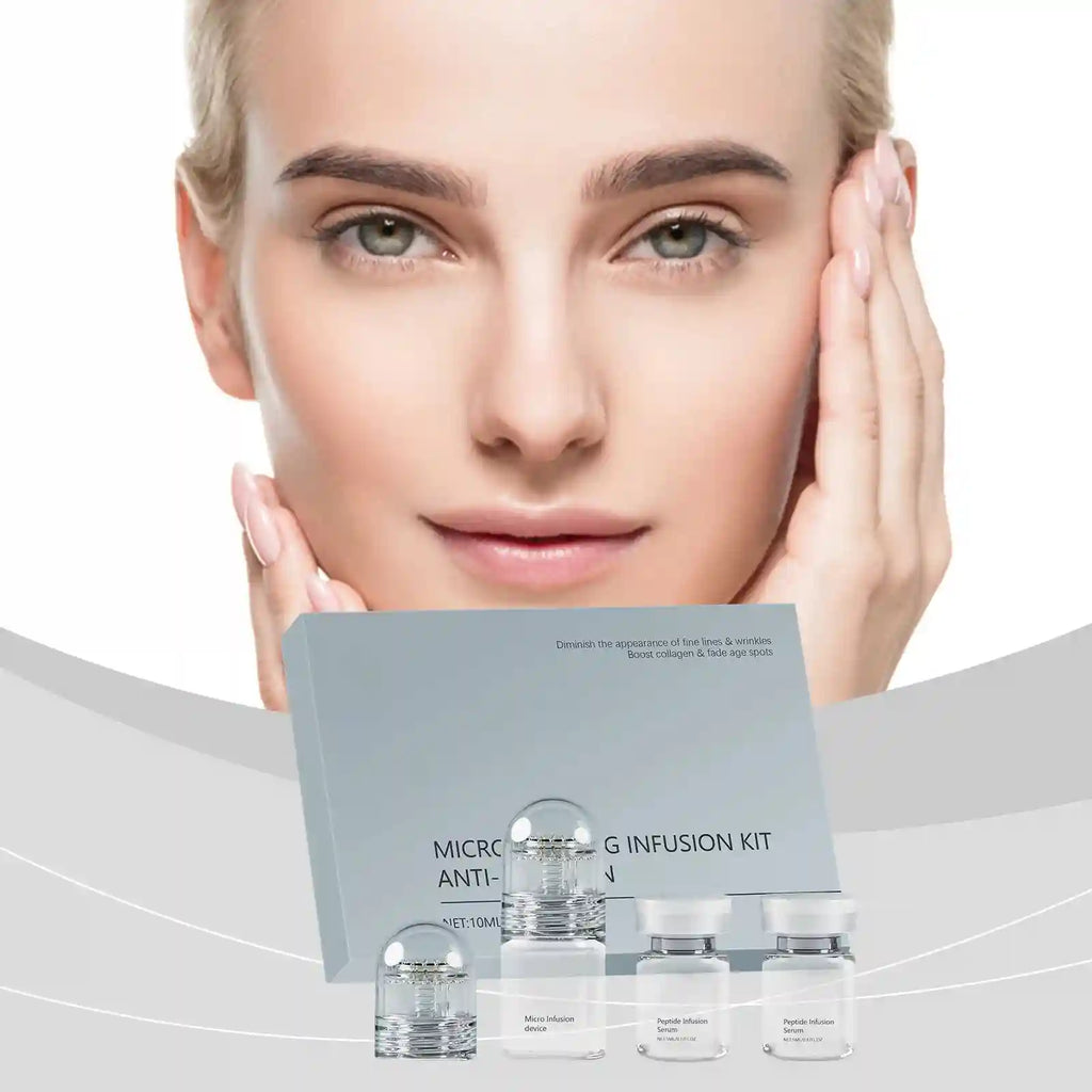 Hyaluronic acid infusion kit with two serum vials and two micro-needle applicators against a woman's face.
