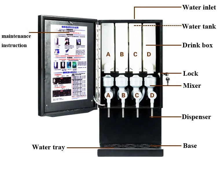 Black 4-flavor commercial coffee dispenser with four canisters, internal mixers, and water tank instructions.
