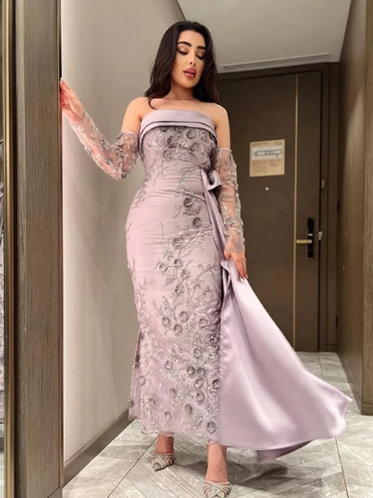 Customized High quality Classic Exquisite Retro Jersey Applique Straight Strapless Long Dresses Prom Dresses Matching
