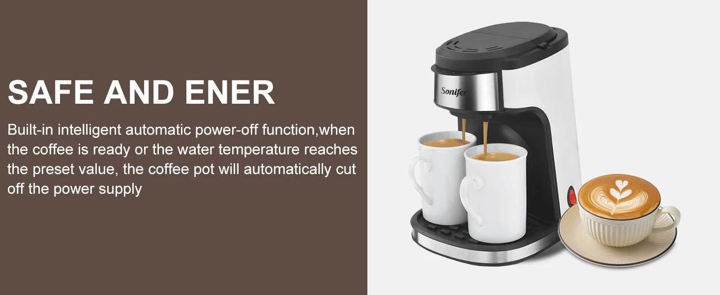 Sonifer white and black dual-cup drip coffee maker, stainless steel accents, compact automatic brewing machine.