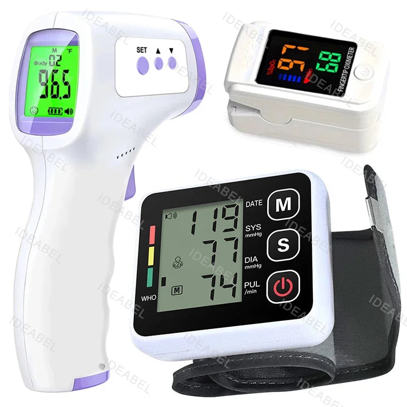 Digital Blood Pressure Monitor Wrist Tensiometer Electronic Sphygmomanometer Tonometer with LCD Forehead Digital Thermometer