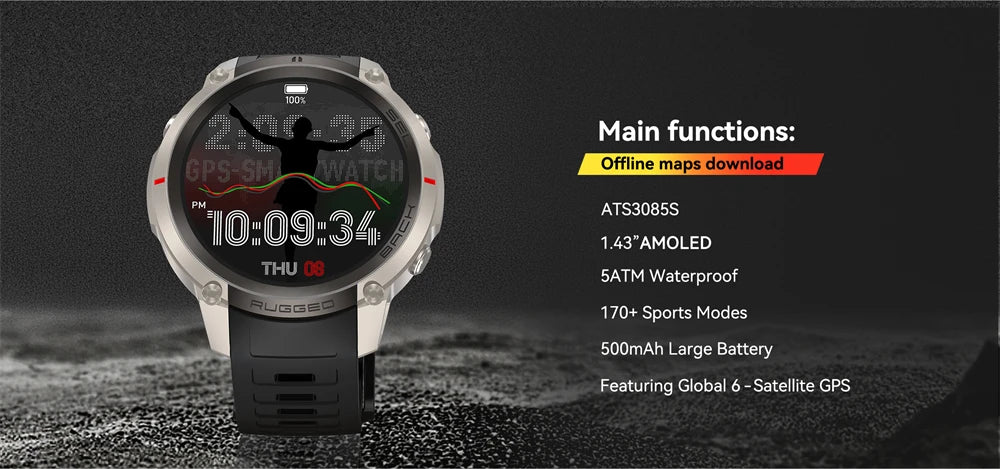 New Outdoor Sport GPS Position Smart Watch Men 1.43'AMOLED 170+Sport Mode 5ATM Waterproof Heart Rate Fitness Tracker Bracelets