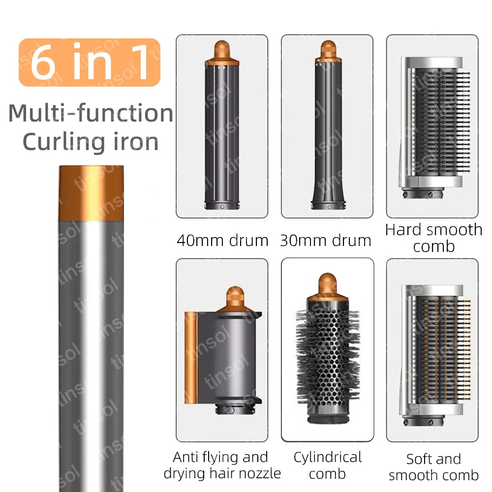 6-in-1 hair dryer styling set with metallic grey and copper attachments including curlers, combs, and dryer nozzle.