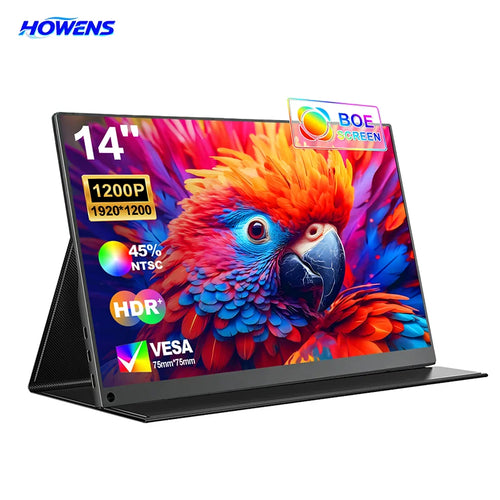 14-inch portable touch monitor with black foldable stand, BOE screen badge