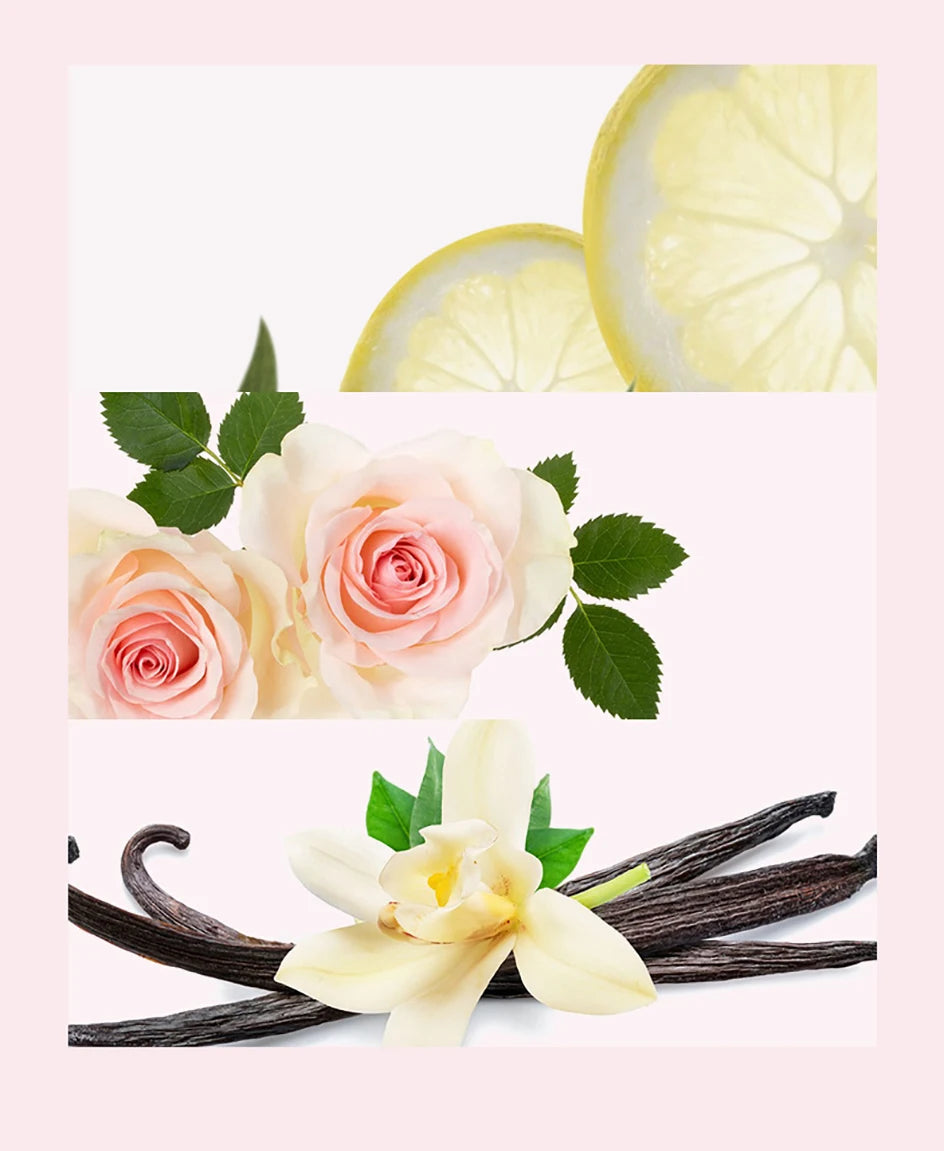 Luxury 75ml Eau de Parfum for women with floral rose, lemon citrus, and vanilla notes. Long-lasting pheromone scent.