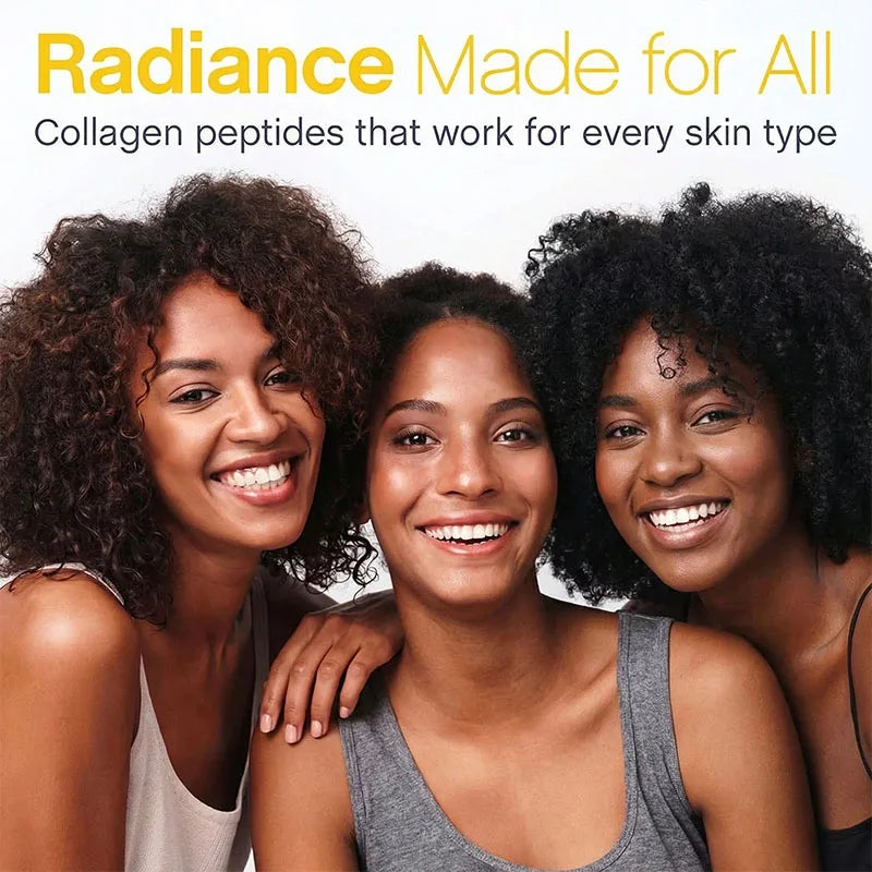 Three smiling women with diverse skin tones and curly hair, promoting collagen peptides for all skin types.