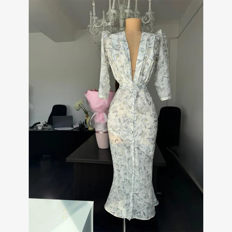 Fashion Sexy Organza Floral Printed Maxi Dress V-neck Puff Sleeve 2026 New Summer Romantic Women Party Gown Elegant Lady Vestido