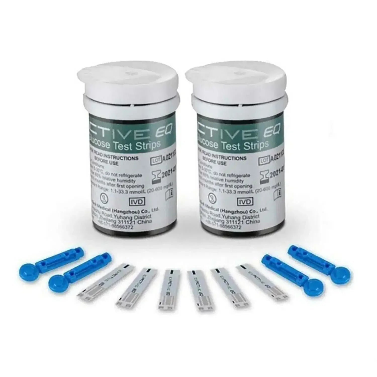 EXACTIVE EQ blood glucose test strips and blue lancets for diabetes monitoring in home diagnostic testing kits.