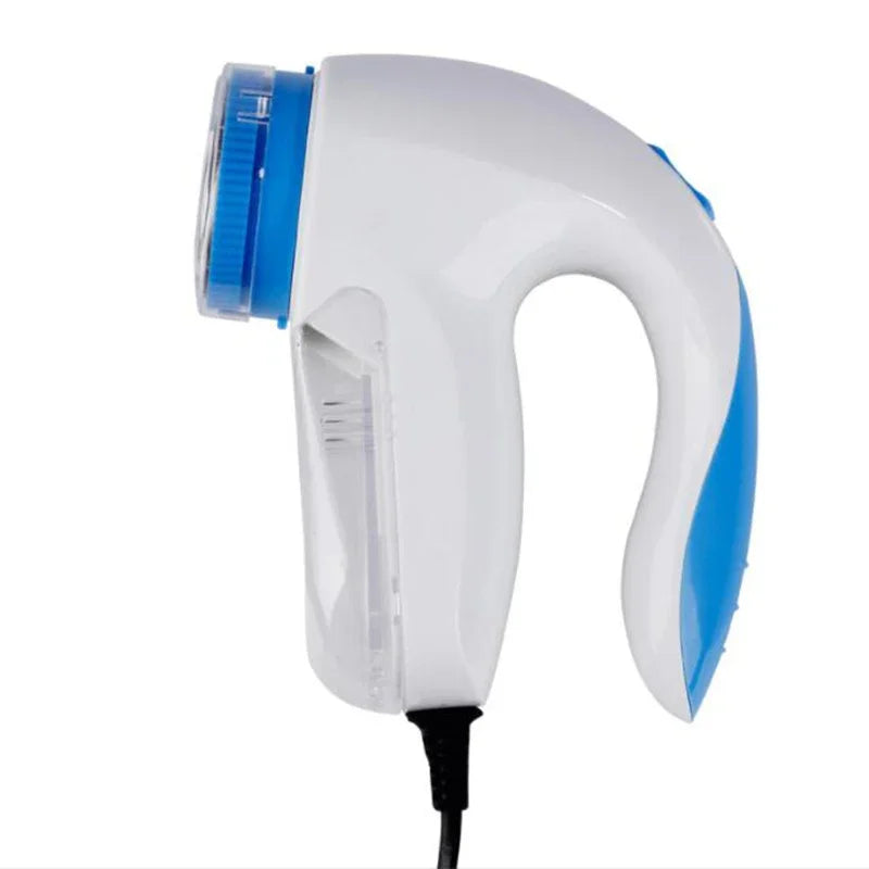 White and blue electric fabric lint remover shaver close-up of side and head