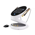 White and gold 2-in-1 RF ozone plasma pen device with touchscreen, foot pedal, and multiple tips for skin rejuvenation.