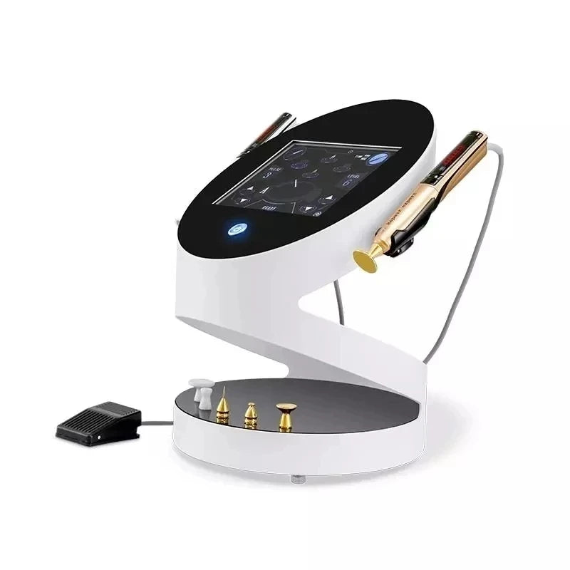 White and gold 2-in-1 RF ozone plasma pen device with touchscreen, foot pedal, and multiple tips for skin rejuvenation.